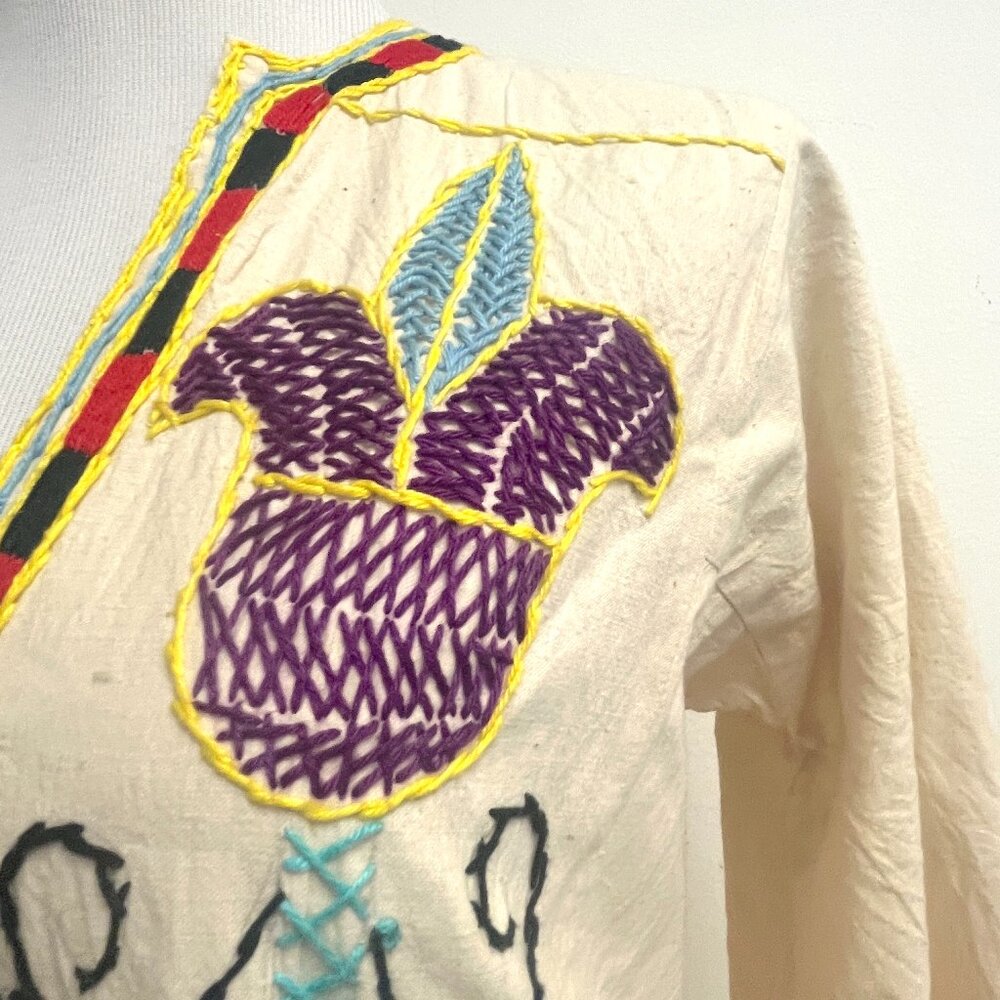 Vintage Caftan hand embroidered cotton cream multicolor never worn - Picture 4 of 11